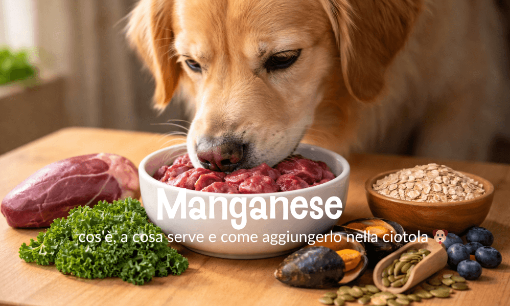 Manganese per cani: un cane che annusa carne fresca e ingredienti sani per la ciotola.