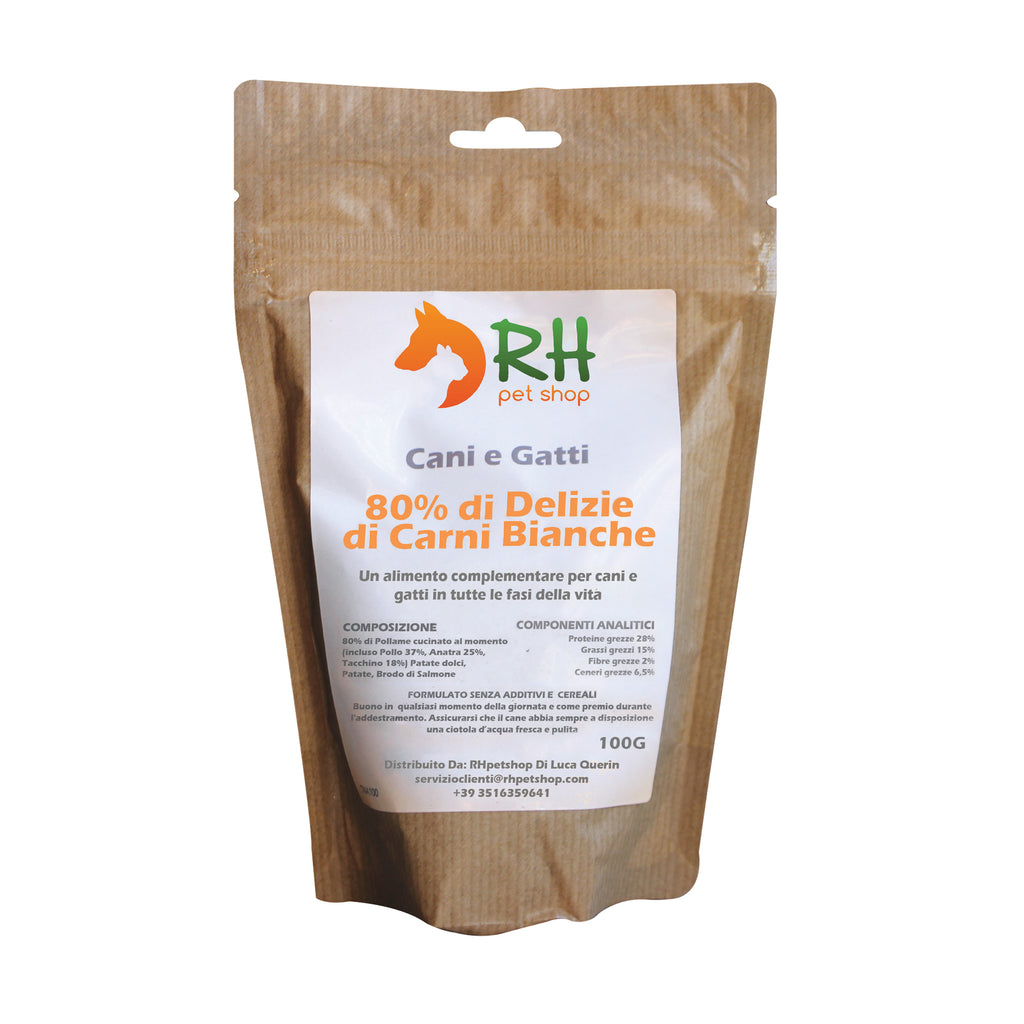 snack per cani e gatti con 80% carne bianca in confezione da 100g di RHpetshop