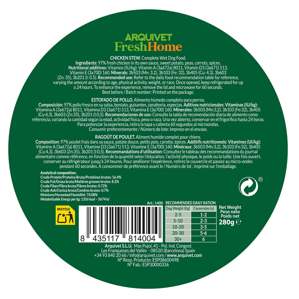 Arquivet Fresh spezzatino Pollo 280gr